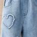 【4Y-12Y】Girls Fashion Heart Shape Embroidered Blue Jeans