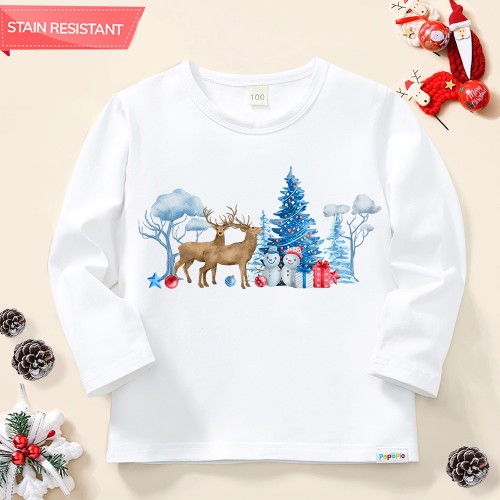 【12M-9Y】Unisex Kid Cotton Stain Resistant Christmas Print Long Sleeve Tee